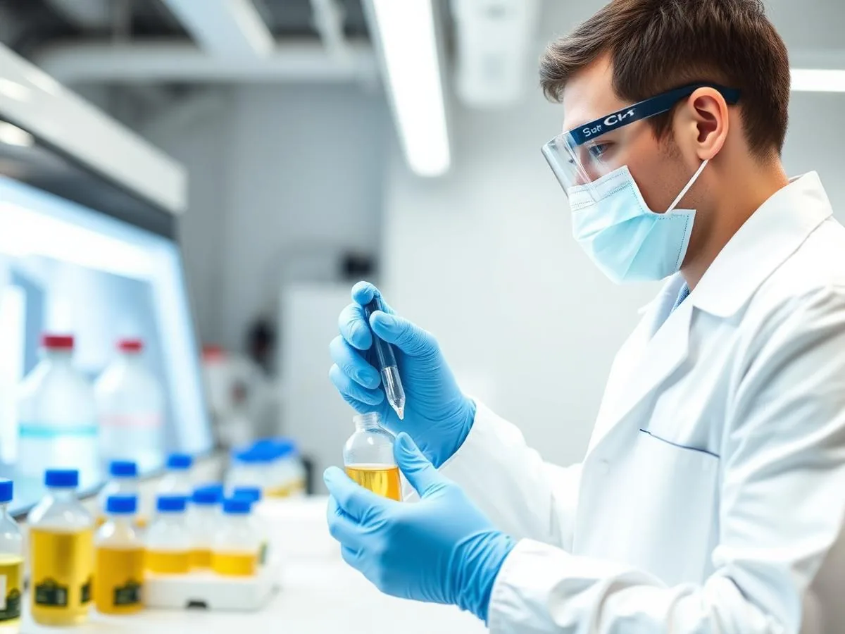 Technician testing lubricant oil samples in a quality laboratory