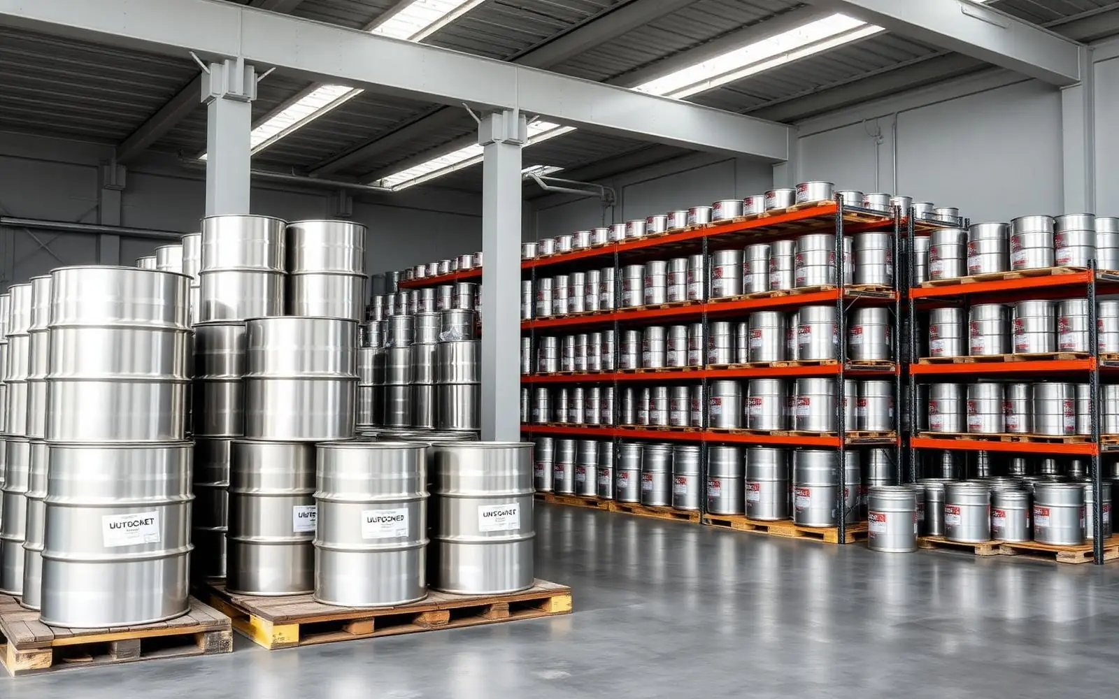 Warehouse stocked with lubricant drums and pails